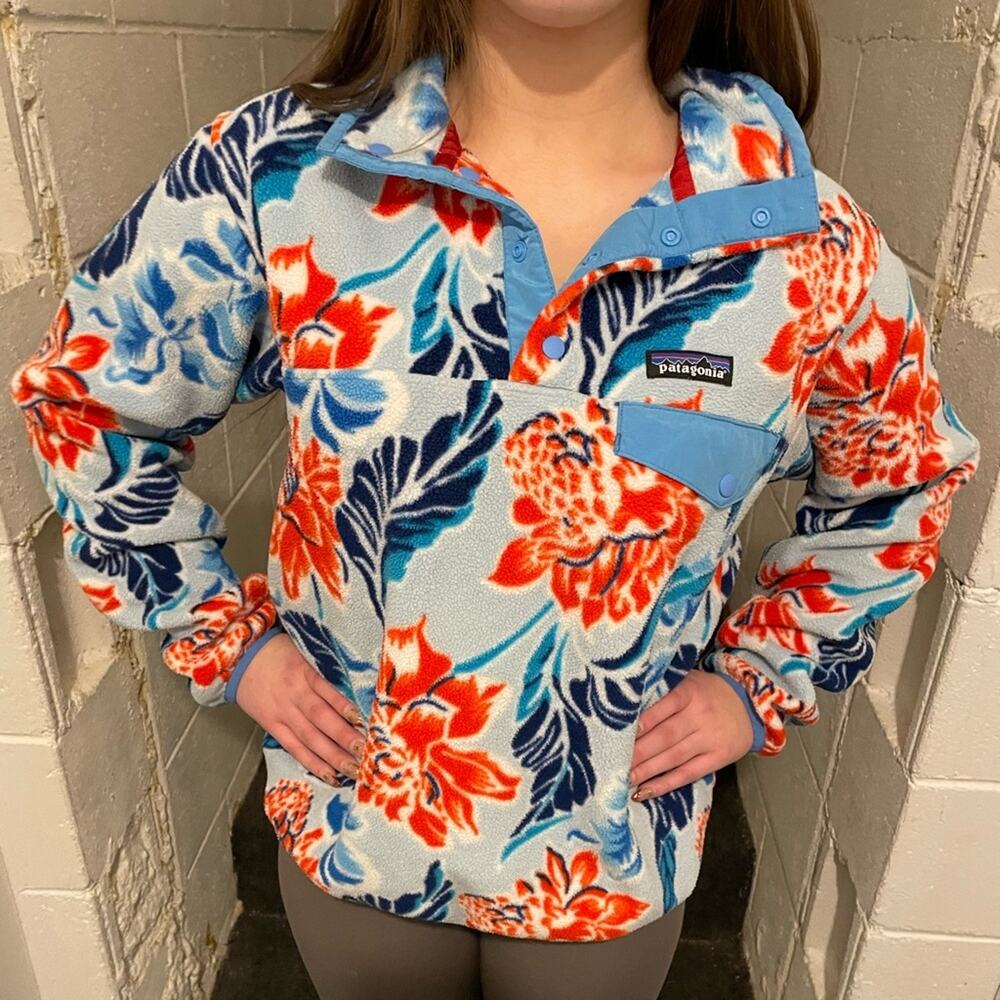 Patagonia Floral Fleece Pullover in Light Blue, Orange, Navy